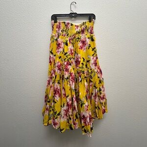 Yellow Floral Midi Skirt with Smocked Waist